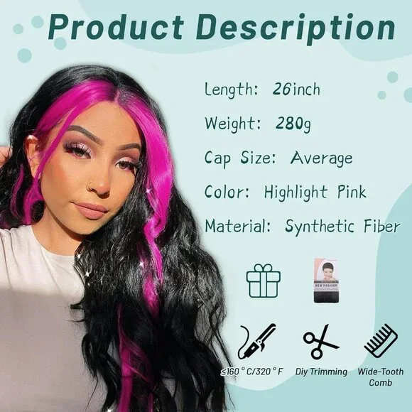 [26 INCH] Hot Pink Highlight Wig - Picture 2 of 5